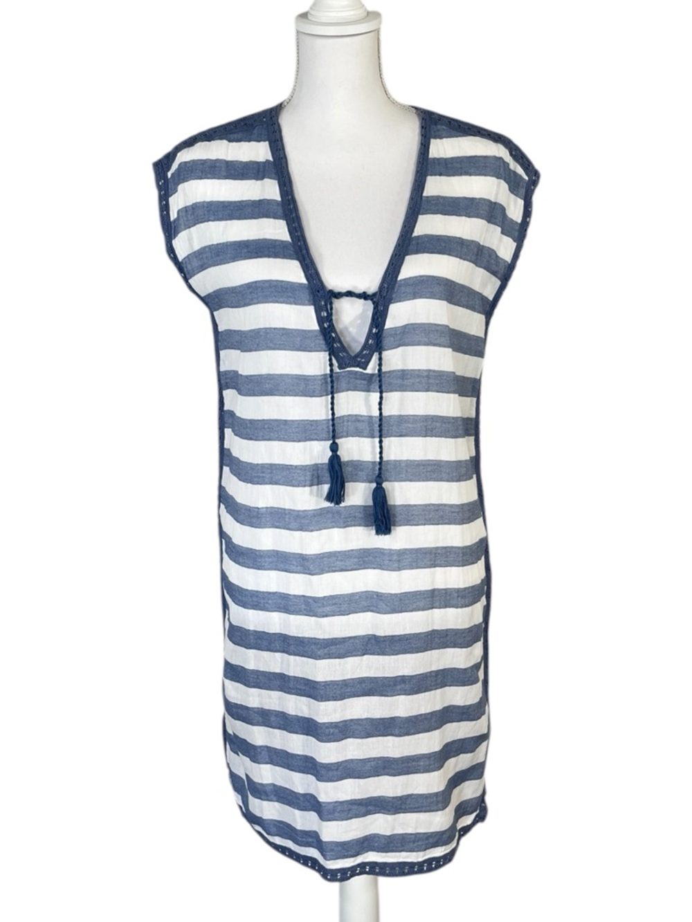 J. McLaughlin Striped 100% Cotton Tunic Dress Swim Cover Size XS/S V-Neck